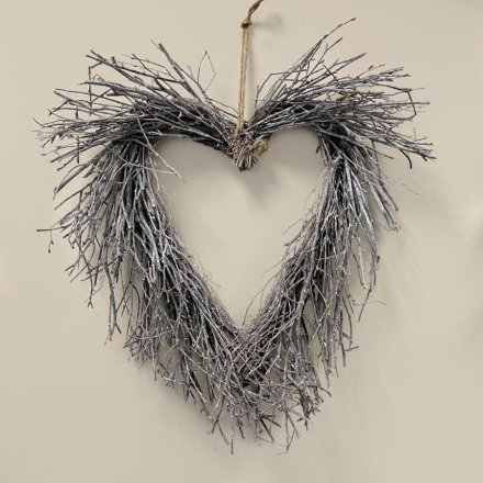 White Washed Twig Heart Wreath, 54cm 