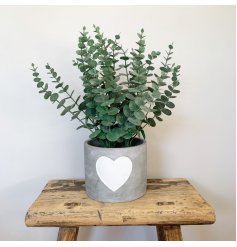A sleek grey toned cement based pot featuring a white embossed heart decal 