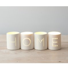 A Simply Stunning Set of T-Light Holders in White with Dotted Wording of 'Home'