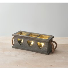  A rectangular wooden tray set with heart cut details and rustic rope handles for decal 