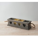  A rectangular wooden tray set with heart cut details and rustic rope handles for decal 