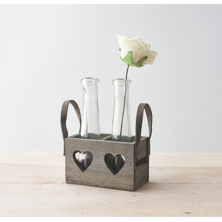 Grey Wooden Heart Tray With Bottles, 12cm
