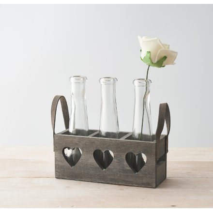 Grey Wooden Heart Tray With Bottles, 17.5cm
