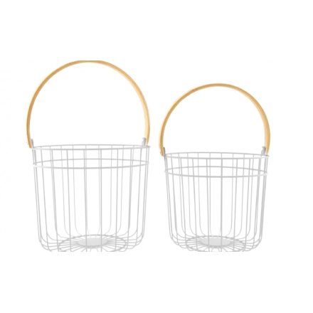 White Wire And Bamboo Baskets, 58cm 