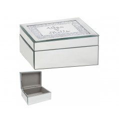   A stunningly elegant themed mirrored storage box with a sparkly crystal top and scripted text decal 