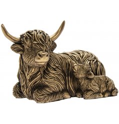   A sleek and beautifully detailed Highland Cow and Calf figure in a Bronzed Tone