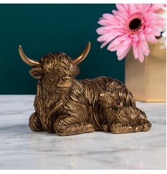   A sleek and beautifully detailed Highland Cow and Calf figure in a Bronzed Tone