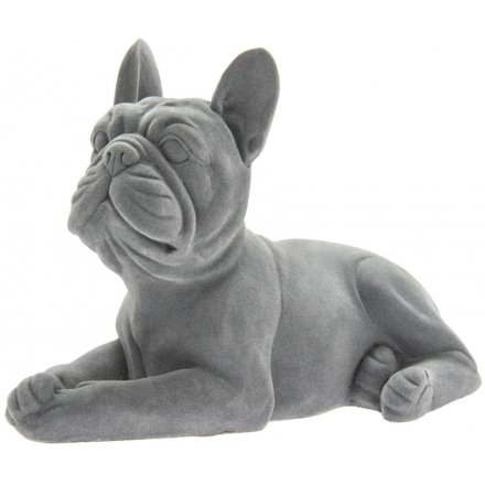 Grey Velvet Laying French Bulldog Ornament, 23cm