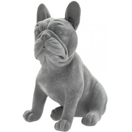 Grey Velvet Sitting French Bulldog Ornament, 21cm