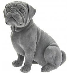  A stunningly simple posed Sitting Pug ornament covered with a sleek grey velvet finish 