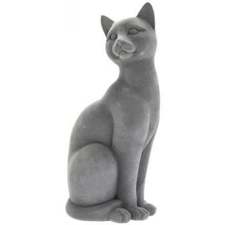Grey Velvet Sitting Cat Ornament, 26cm