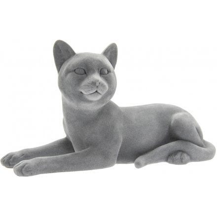 Grey Velvet Laying Cat Ornament, 25cm