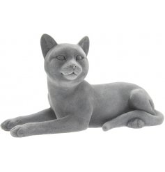  A stunningly simple posed laying Cat ornament covered with a sleek grey velvet finish 