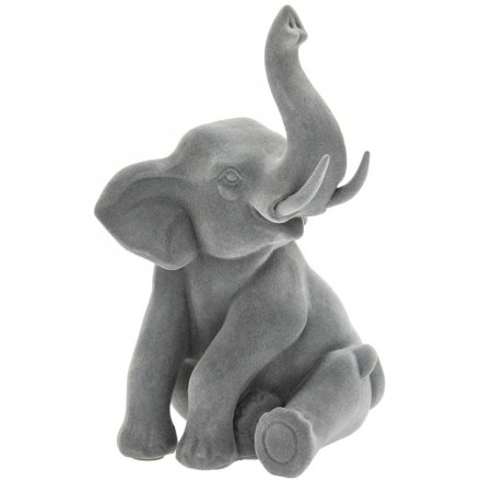 Grey Velvet Sitting Elephant Ornament, 21cm