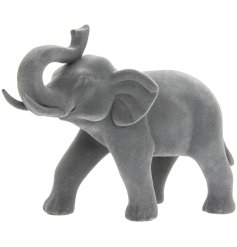A beautifully simple ornamental Elephant Figure coated in a sleek grey velvet 