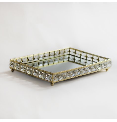 A small rectangle shaped mirror tray with crystal edge. Perfect for trinkets or table decoration.