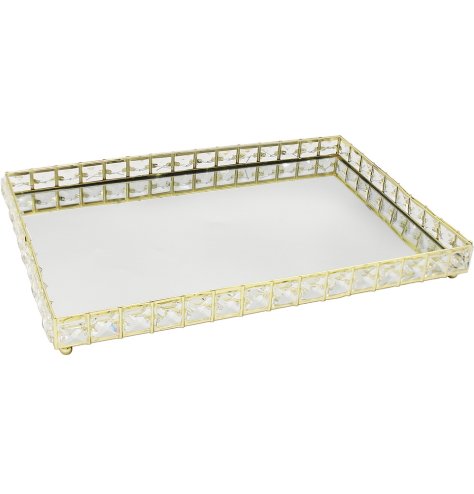 A rectangle shaped mirror tray with crystal edge. Perfect for a table centre piece or arrangement.