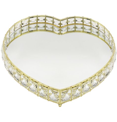A heart shaped mirror tray with crystal edge. Perfect for a table centre piece or arrangement.