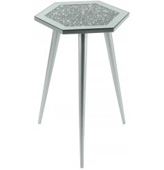  Sure to add a glitzy statement to any home space, a tall 3 legged table with a Hexagonal shaped mirrored glitter top 