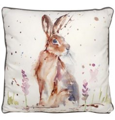  A delightful themed plump cushion displayed with a charming watercolour inspired hare print 