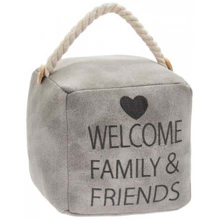 Grey Faux Leather Square Doorstop, Welcome Family & Friends 