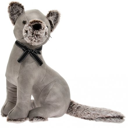 Sitting Cat Grey Faux Leather Doorstop 