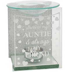   A charming gift idea to give to any delightful Auntie. A glass tlight holder with a dipped dish for oil/wax melting 