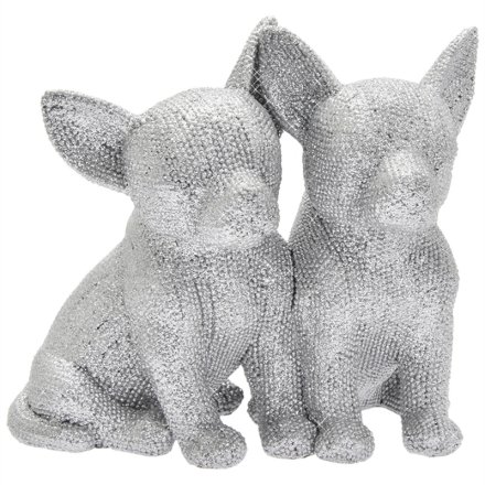  Sure to bring a luxe touch to your home space, a set of 2 posed Chihuahua puppies covered with glittery accents
