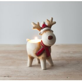  A festive little ceramic reindeer set with traditional colours and a tlight holder spacing 