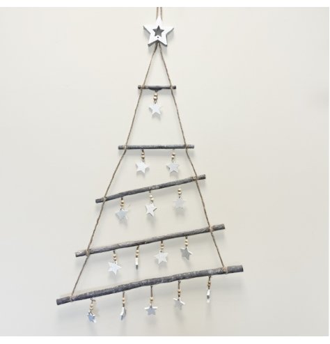 A rustic hanging 5 tiered branch tree with added a basic rustic look, spruce up with your own lights and foliage 