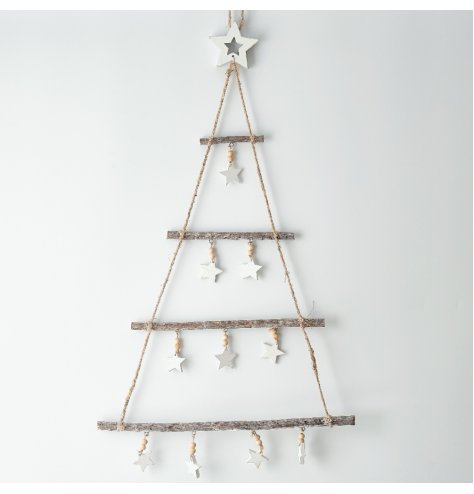 A rustic hanging 5 tiered branch tree with added a basic rustic look, spruce up with your own lights and foliage 