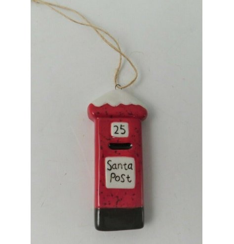 A quirky little hanging post box decoration with a red tone and Santa Post script text 