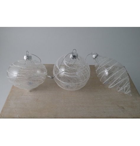 An assortment of stunning shaped glass baubles, each set with a spun glass inner finish 