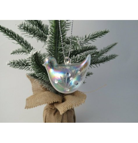 A small hanging glass bird decoration topped with an iridescent coating and diamonte decal 