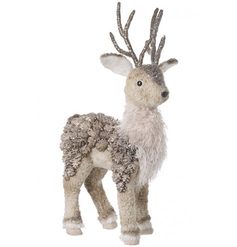 A glittery covered standing Reindeer with a pinecone textured back and wooly touch to finish 