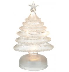 A gorgeously simple frosted glass tree decoration, beautifully detailed with glass beading and a warm glowing LED Centre