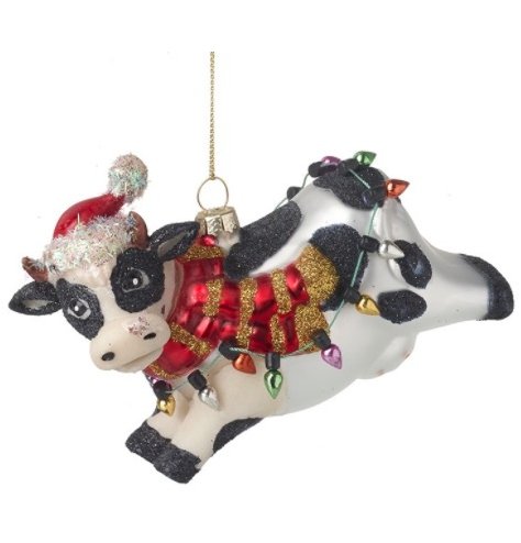 A jumping cow hanging decoration with glittery touches and festive features 