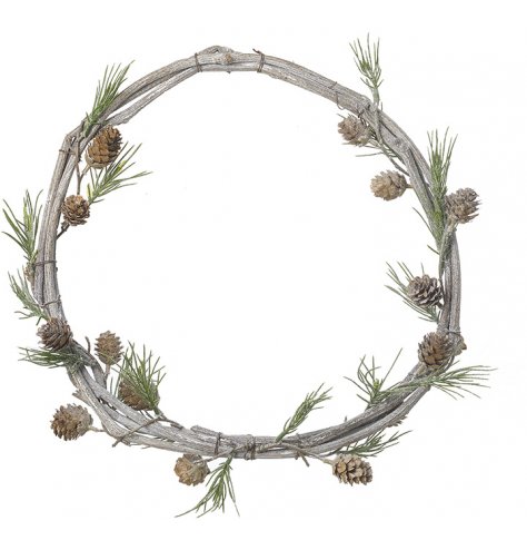 A round shaped woven twig wreath entwined with foliage and pinecones 