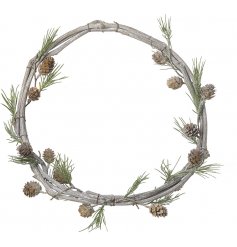 A plain and simple rounded twig wreath entwined with a simple fir branch entwined look 