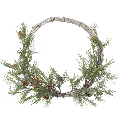 A round shaped woven twig wreath complete with foliage and pinecones 