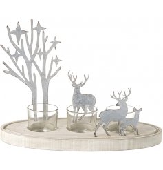 A gorgeous metal woodland and reindeer scene set upon a wood based candle display with distressed features