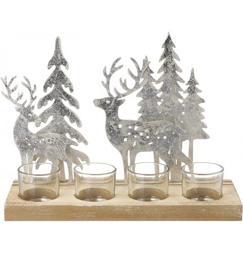 A set of glass candle pots in a natural wood base, set with a rustic woodland scene back drop decal 