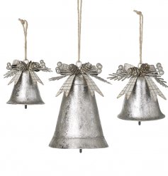 A gorgeously distressed set of 3 hanging metal bells with added bow and foliage accents