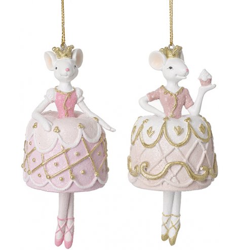 Two hanging elegant mice in tones of pink and gold detailing.