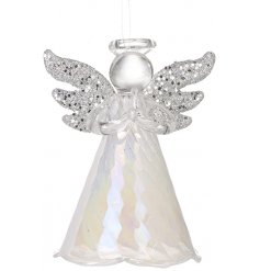 A clear glass angel hanging decoration set with a rippled skirt and glittery wings 