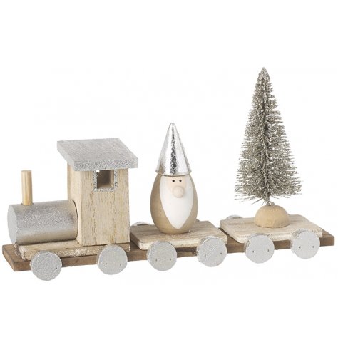 A natural wood decorative train set with silver tones and a basic look for personalisation 