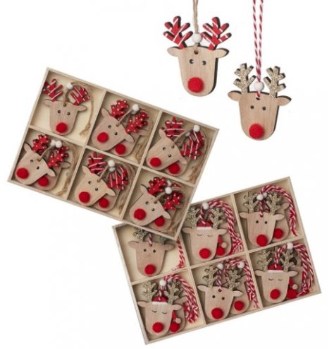 Reindeer wooden hanging decoration set - in box