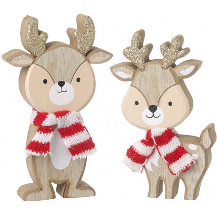Two Assorted Wooden Reindeer In Scarves, 13cm