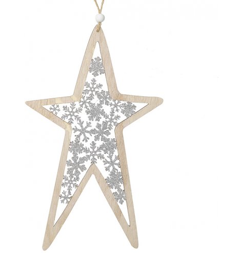 A hanging wooden star featuring a snowflake cut central decal with a silver glitter colouring 