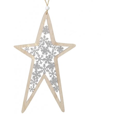 Hanging Wood Star With Snowflakes, 30.5cm 